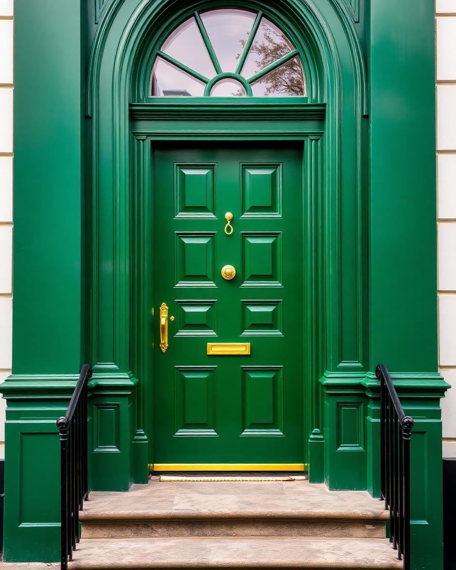 A freshly painted forest green front door in Balbriggan with polished brass fixtures