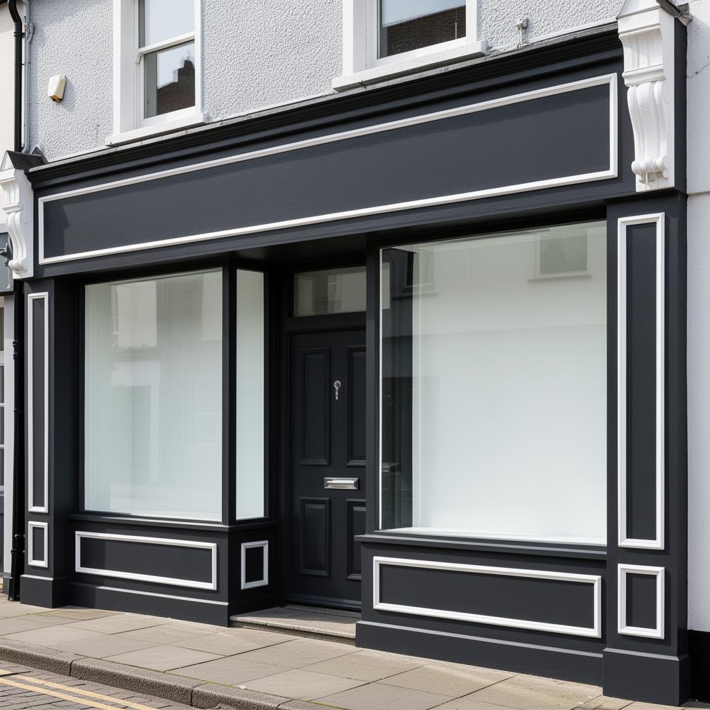 Boutique storefront with charcoal black exterior and gold lettering