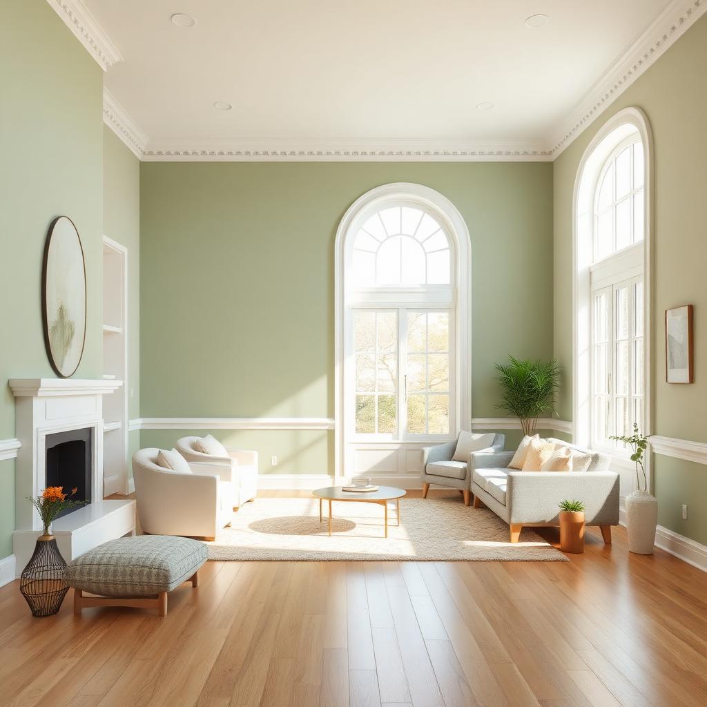 Modern living room with sage green walls and white trim